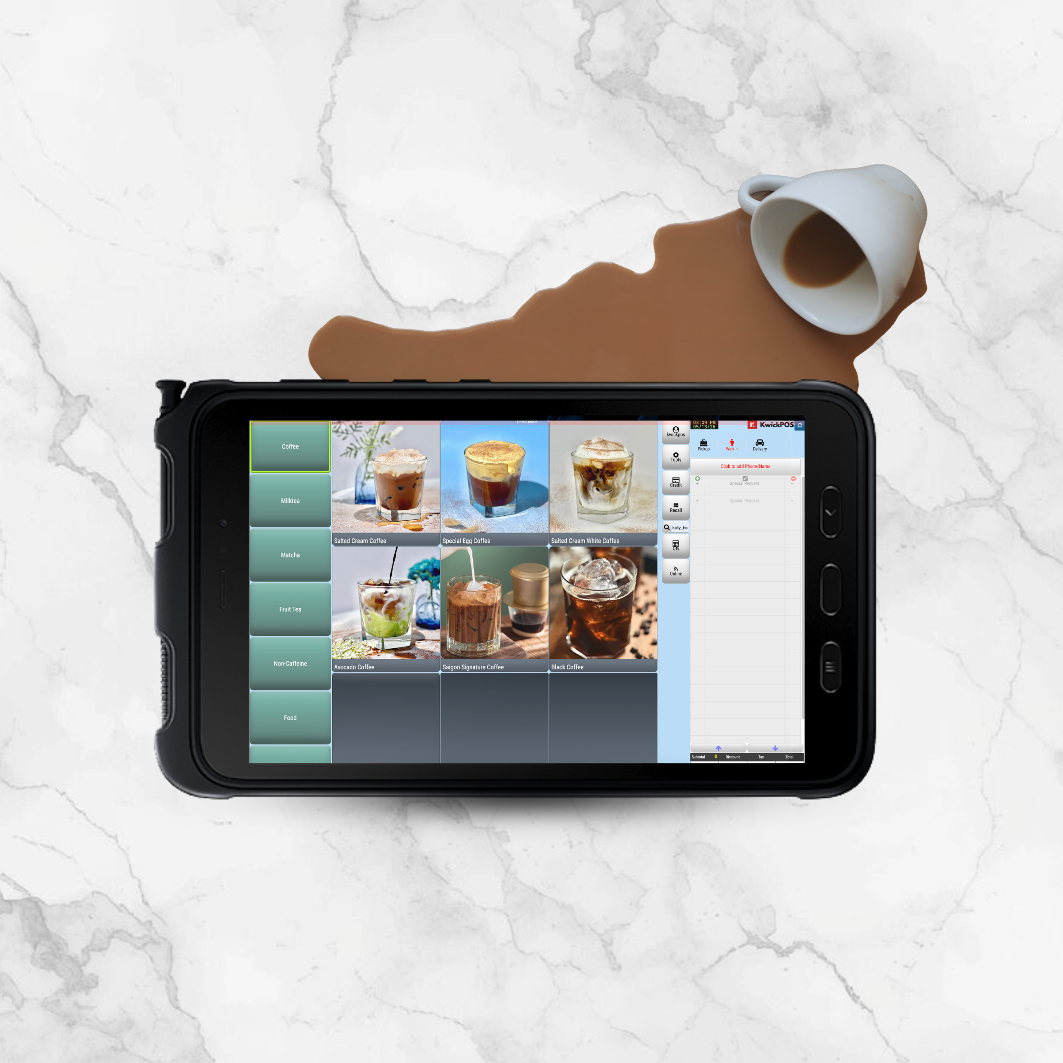 KwickPOS coffee shop menu running on a Samsung rugged device