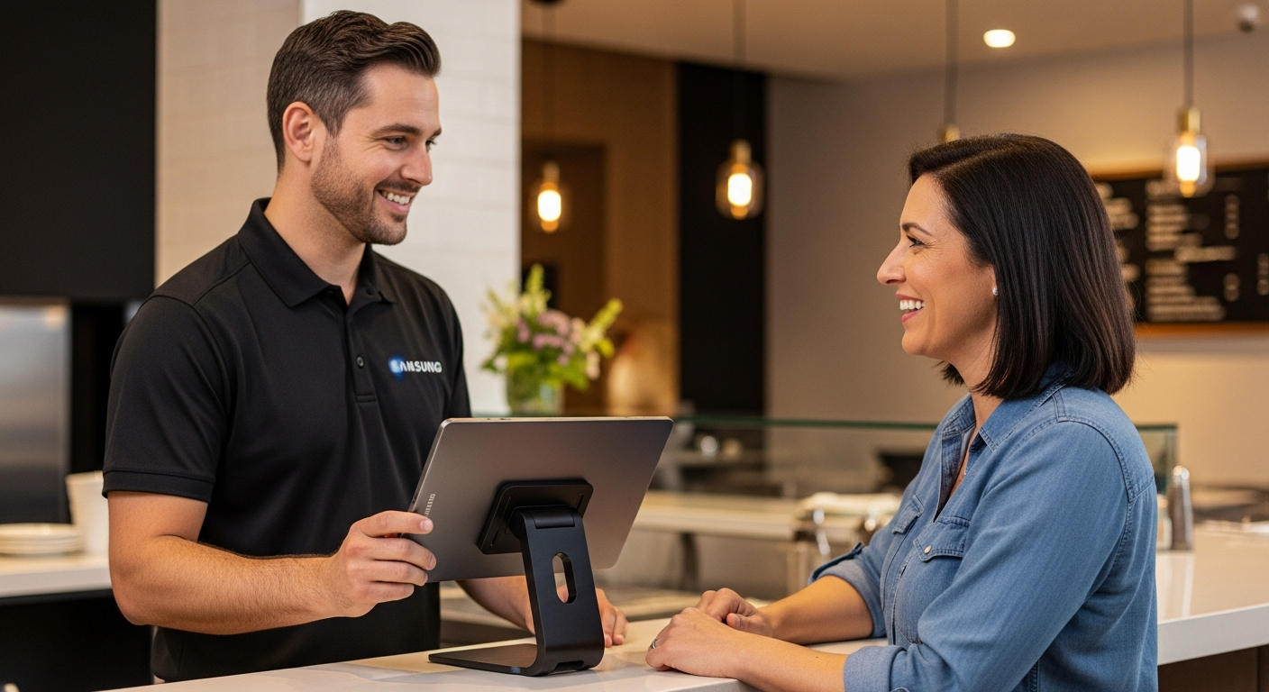 KwickPOS technician installing Samsung Galaxy Tab Active POS system at restaurant with onsite training